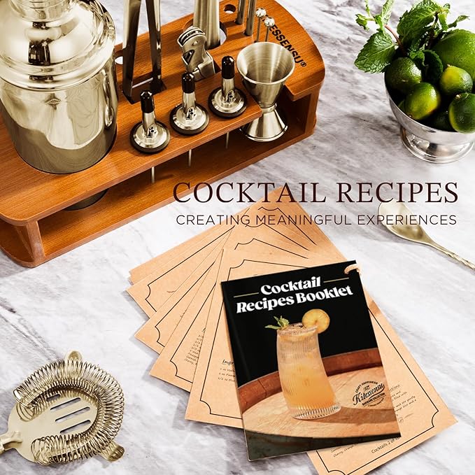 KITESSENSU Cocktail Shaker Set Bartender Kit with Stand | Bar Set Drink Mixer Set with All Essential Accessory Tools: Martini Shaker, Jigger, Strainer, Mixer Spoon, Muddler |Champagne Gold