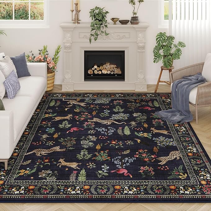 Rugcomf Living Room Rug 6x9 Rug Machine Washable Boho Area Rug Non Slip Floral Animal Vintage Low Pile Large Rug for Living Room, Bedroom, Farmhouse, Dining Room, Kids Playroom (Blue)