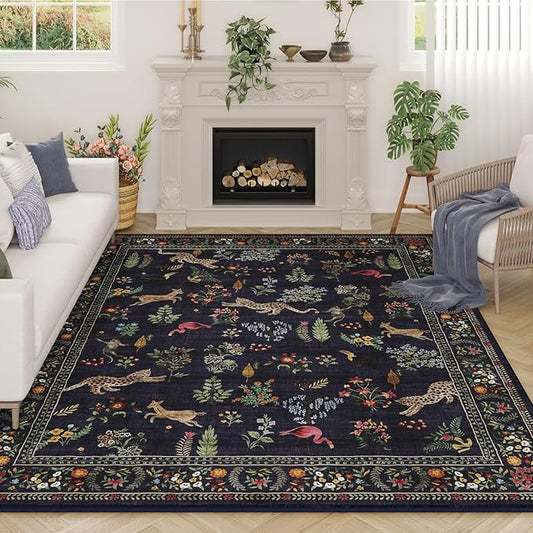 Rugcomf Living Room Rug 5x7 Rug Machine Washable Boho Area Rug Non Slip Floral Animal Vintage Low Pile Large Rugs for Living Room, Bedroom, Farmhouse, Dining Room, Kids Playroom (Blue)