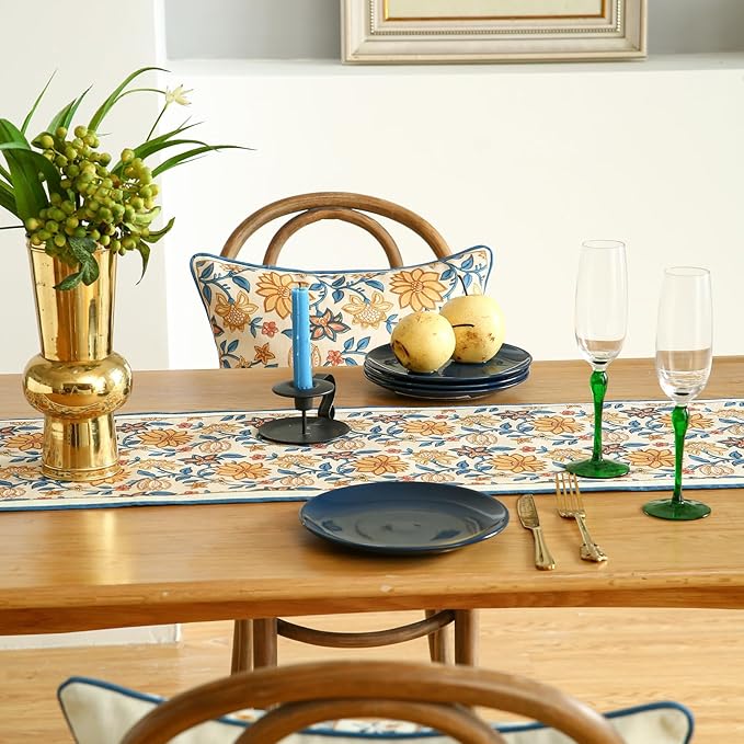 ISAENNE Designer Bohemian Elegant Linen Table Runner 87 Inches Long,Floral Pattern Duable Decor Table Runners for Dining Tables,Thanksgiving,Kitchen Tables,Christmas,12"*87"-Estevan B