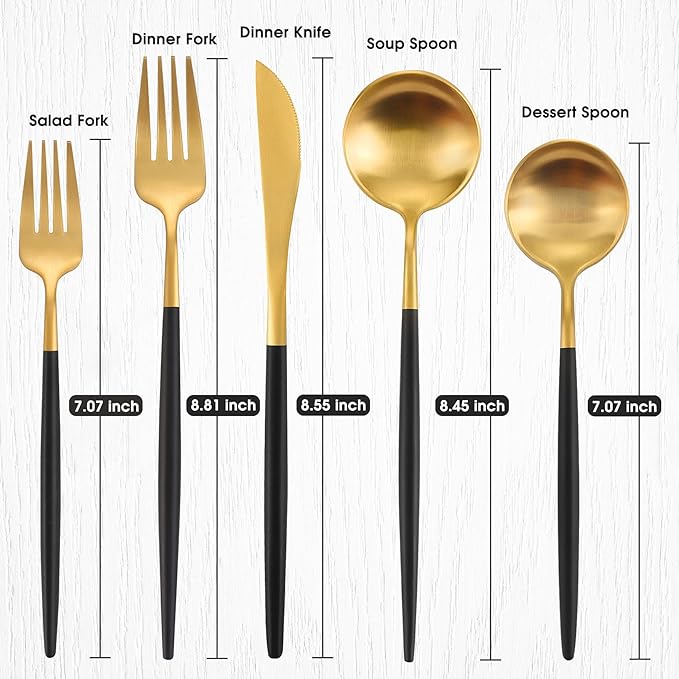 Matte Gold Silverware Set With Black Handle, IBIILII JEFF 20 Pieces Stainless Steel Flatware Set For 4，Kitchen Utensil Set, Tableware Cutlery Set, Knife Spoons And Forks Set, Dishwasher Safe
