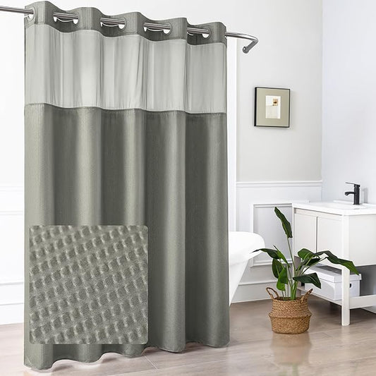 Mrs Awesome No Hook Shower Curtain with Snap-in LinerLess Time On/Off, Embossed Waffle-Look Textured Fabric Shower Curtain for Bathroom, Soft & Lightweight, 71x74, Gray