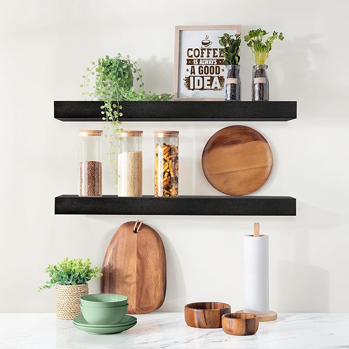 Sorbus Wood Floating Shelves for Wall - 24” Solid Wood Wall Shelves for Bathroom Decor, Books, Bedroom & Living Room - Set of 2 Black Wall Mounted Kitchen Shelves - Durable Solid Pine