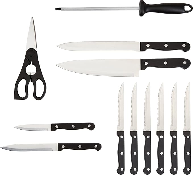 Amazon Basics 20-Piece Flatware Set with Knife Set and Wood Block