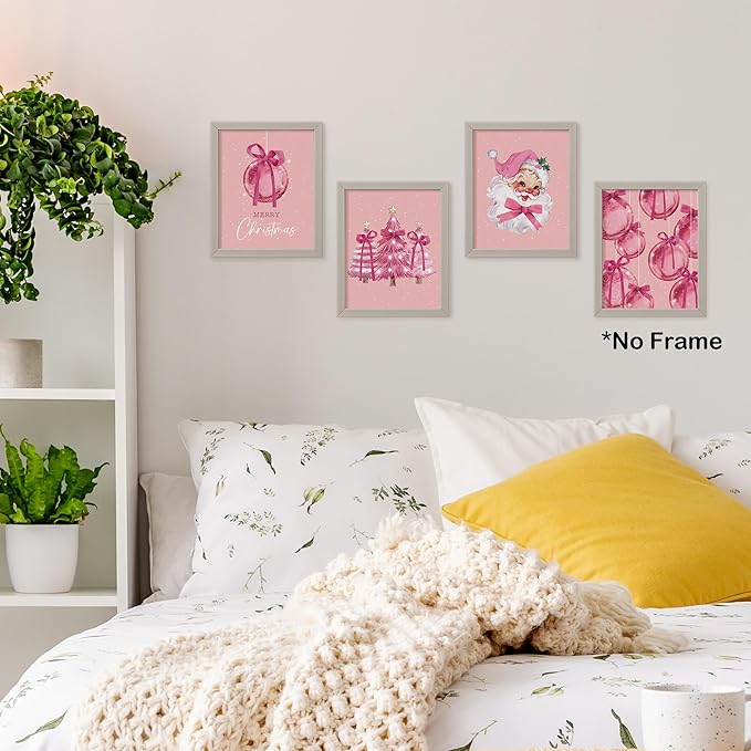 TLESKE Pink Winter Merry Christmas Coquette Bow Posters Prints Unframed Set of 4 for Teen Girls Dorm Bedroom Living Room, Santa Claus Christmas Ball Pine Trees Wall Art Prints Pictures Decor, 8x10
