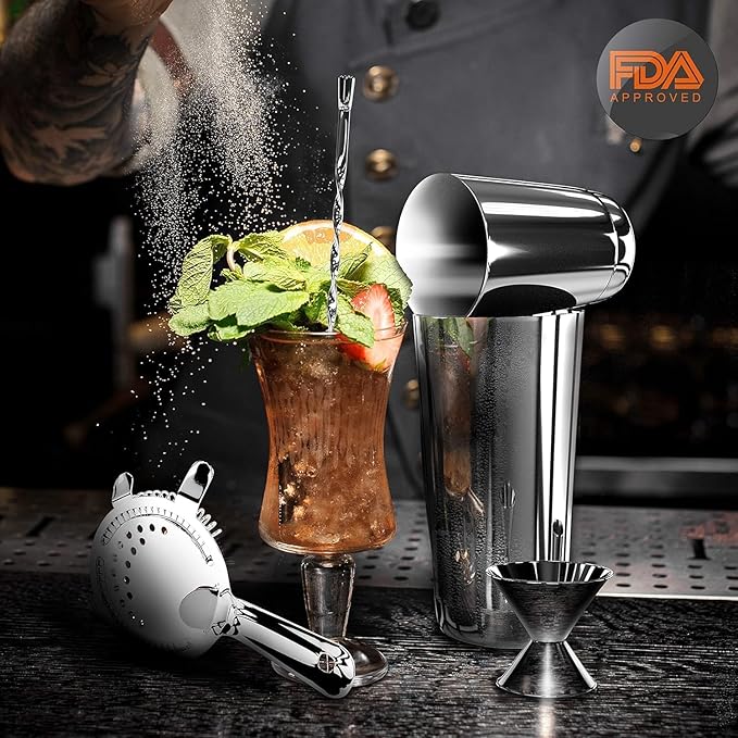 NutriChef Mixology Bartender Cocktail Shaker Set - Includes 15 & 30 oz Stainless Steel Shakers, 6 Bottle Pourers & More - Essential Martini Making Kit - Drink Mixing Set - 15 Piece Cocktail Bar Set