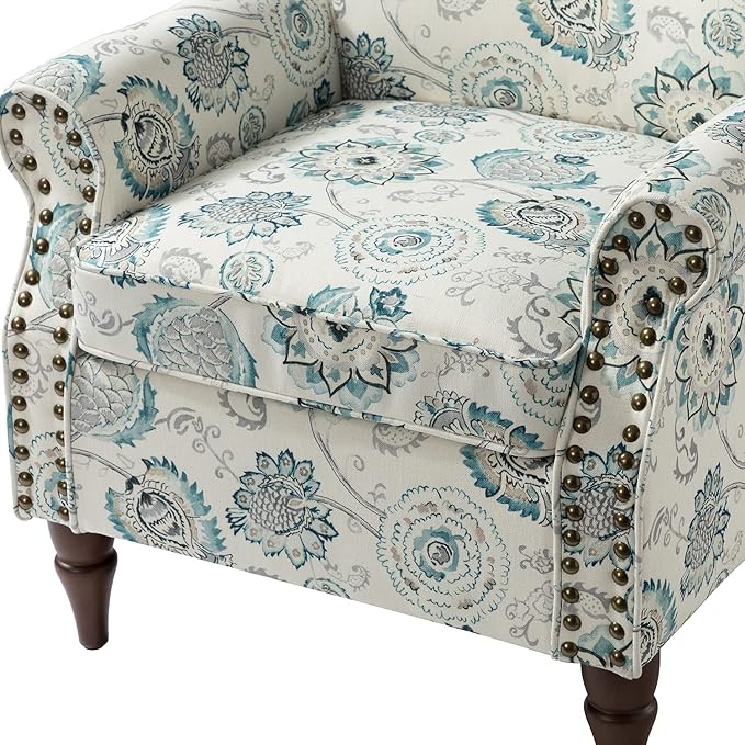 HULALA HOME Modern Wingback Accent Chair with Wood Legs & Removable Cushion, Comfy Upholstered Armchair with Nailhead Trim, Floral Pattern Single Sofa Chair for Living Room Bedroom, Medallion