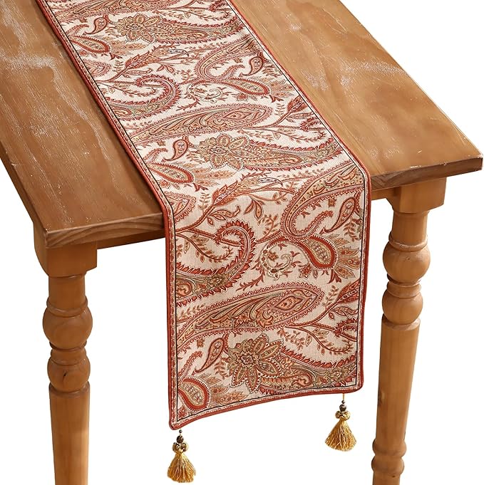 ISAENNE Designer Elegant Red Linen Table Runner 71 Inches Long,Vintage Paisley Pattern Durable Table Runners for Dining Tables,Thanksgiving,Kitchen Tables,Christmas,12"*71"-Chauffrey A