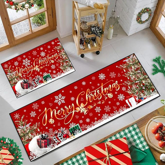 ACZHHZC Merry Christmas Kitchen Rugs and Mats Set of 2, Winter Snowflake Xmas Tree Holiday Home Kitchen Decor Floor Mats, Washable Non-Slip Sink Carpet (Christma 3, 17"x47"+17"x30")