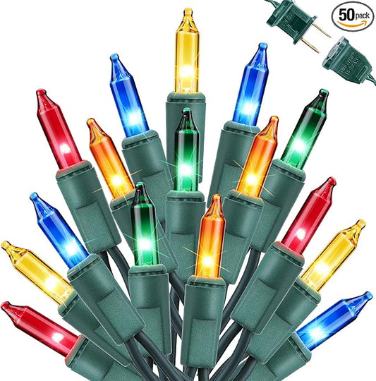 Toodour Multicolor Christmas Lights, 12.5ft 50 Count Incandescent Christmas String Lights, UL Certified Connectable Green Wire Xmas Lights for Tree, Holiday, Party, New Year, Indoor Xmas Decorations