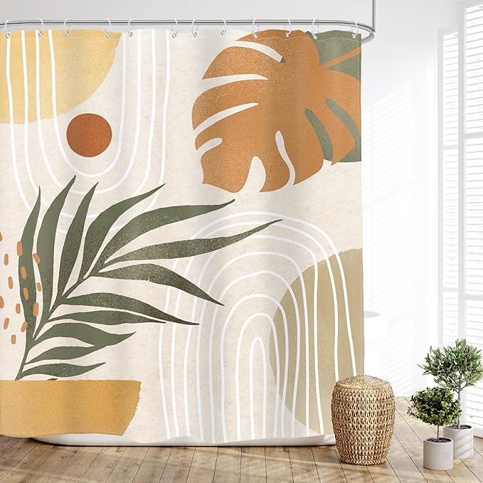 Glawry Beige Green Boho Shower Curtain Mid Century Abstract Plant Tropical Palm Leaf Modern Minimalist Bathroom Arch Geometric 72Wx72L Inches Bath Accessories Art Home Decor Fabric 12 Pack Hook