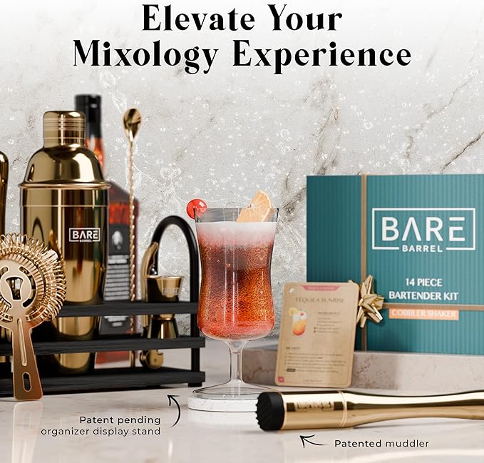 BARE BARREL® Mixology Bartender Kit Bar Set | 14-Piece Cocktail Shaker Set | Martini Barware Mixing Tools for Home Bartending | 35 Recipe Cards | Gift Set (24oz Cobbler Shaker, Gold/Black)