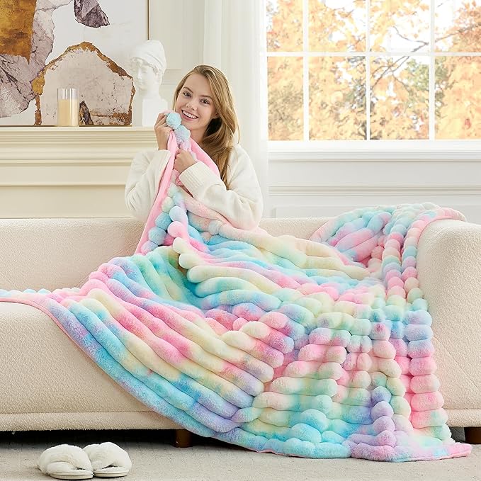 Cozy Bliss Faux Fur Throw Blanket for Couch, Cozy Warm Plush Striped Blanket for Sofa Bedroom Living Room, 50 * 60 Inches Tie-dye Rainbow