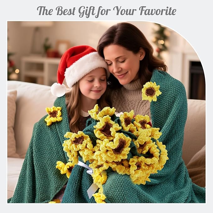 Flower Bouquet Blanket Gifts for Mom Grandma Wife Girlfriend,Completed Crochet Flower Blanket,Soft Knitted Throw Blankets,Gifts for Her Christmas Birthday Anniversary (Yellow Sunflowers)
