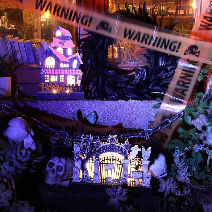 Lulu Home Halloween Tabletop Decoration, Wooden Lighted Boo Haunted House Decoration, Battery Operated Halloween Sign Indoor Fireplace Desk Kitchen Table Ornament, 10.6 x 6.7 x 1.9 INCH