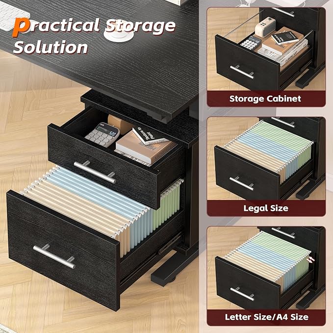 63 Inch Executive Computer Desk with Drawers, Large Office Desk with Storage, Industrial Writing Desk with File Drawer for Home Office, Black