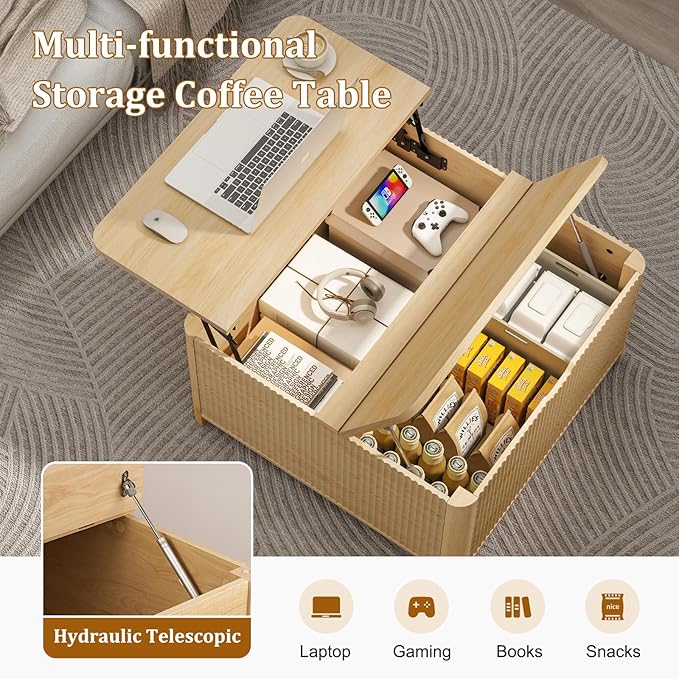 LYNCOHOME Fluted Lift Top Coffee Table with Storage, Square Coffee Tables for Living Room, Coffee Table with Large Hidden Storage Compartment and Adjustable Shelves，Natural