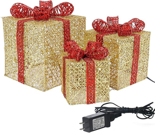 Sunnyglade 10”-8”-6” Set of 3 Christmas Lighted Gift Boxes with Plug for Christmas Decor, Weddings Yard Home Holiday Art Decorations (Gold)