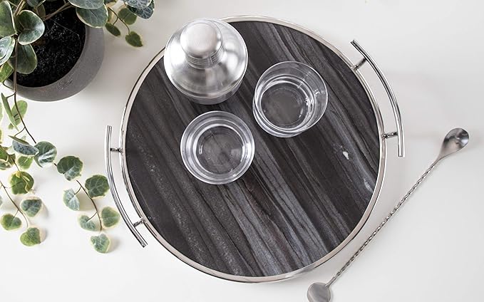Kate and Laurel Marbury Modern Round Tray, 15 x 14 x 3, Gray Marble and Silver, Contemporary Marble Tray for Storage and Display