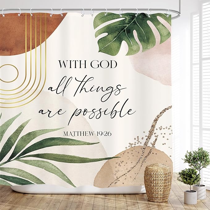 Glawry Boho Bible Verse Shower Curtain Extra Long Inspirational Abstract Scriptures Quotes Palm Leaf Bathroom Mid Century Christian 72Wx78L Inches Bath Accessories Art Home Decor Fabric 12 Pack Hook