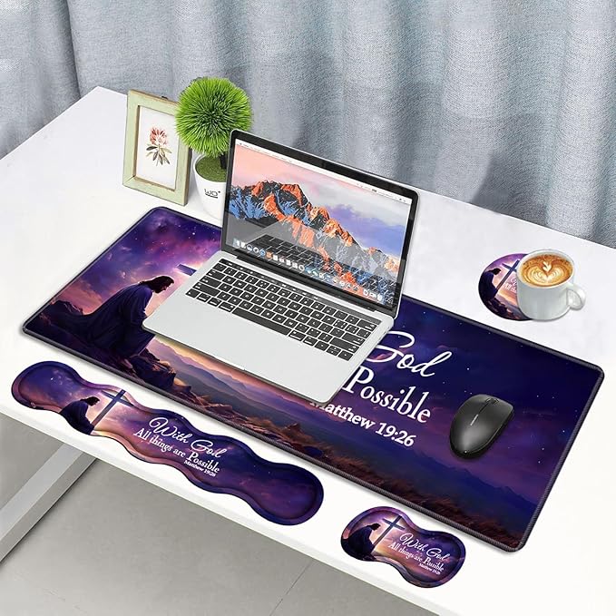 Ergonomic Memory Foam Mouse Pad Wrist Rest Set,Large Gaming Desk Pad + Keyboard Wrist Rest + Mouse Wrist Cushion + Coaster for Home Office Study Gaming,Christian Cross Quote Bible Verse Matthew 19:26
