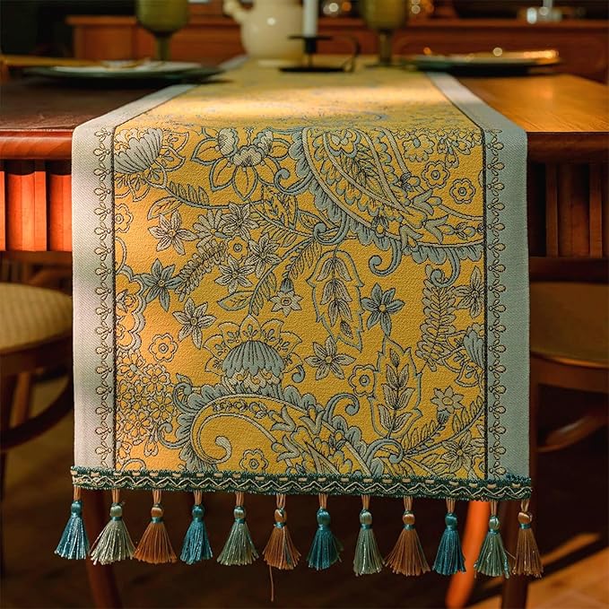 13×72 Inch Table Runner, Retro-Luxury Tassels Series for Kitchen Dining Table Holiday Decoration (Yellow Pheonix)