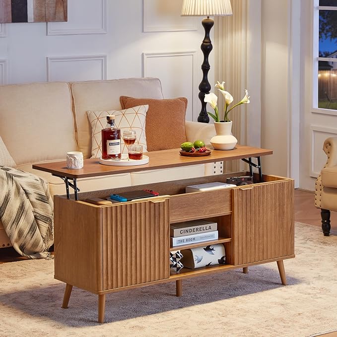 LEYAOYAO 48" Fluted Lift Top Coffee Table with Hidden Storage & Adjustable Shelves, Lifting Tabletop Large Rectangular Coffee Tables, Mid Century Modern Wood Center Table for Living Room, Brown