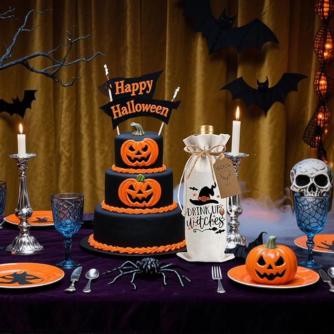1Pcs Drink Up Witches Gifts Wine Bag,Halloween Wine Bag Halloween Gifts Party Decorations for Women Men with 1Pcs Kraft Blessing Cards and natural jute rope