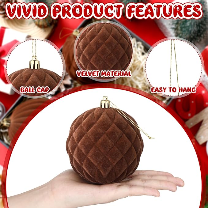 4 Pcs 4 Inch Large Velvet Christmas Ball Ornaments Vintage Christmas Plastic Ball Ornaments Flocked Tree Hanging Decoration for Xmas Party Wedding Home Decor(Brown)