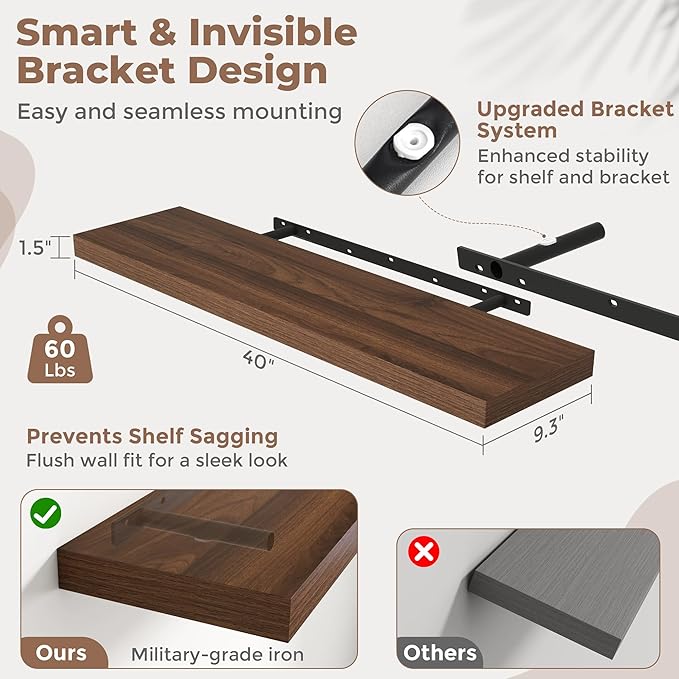 Floating Shelves for Wall with Invisible Brackets, Wall Mounted Engineered Wood Shelves with Wood Grain for Living Room, Bedroom, Bathroom, Kitchen Decor and Storage, Oak, 40"L Set of 2, Walnut