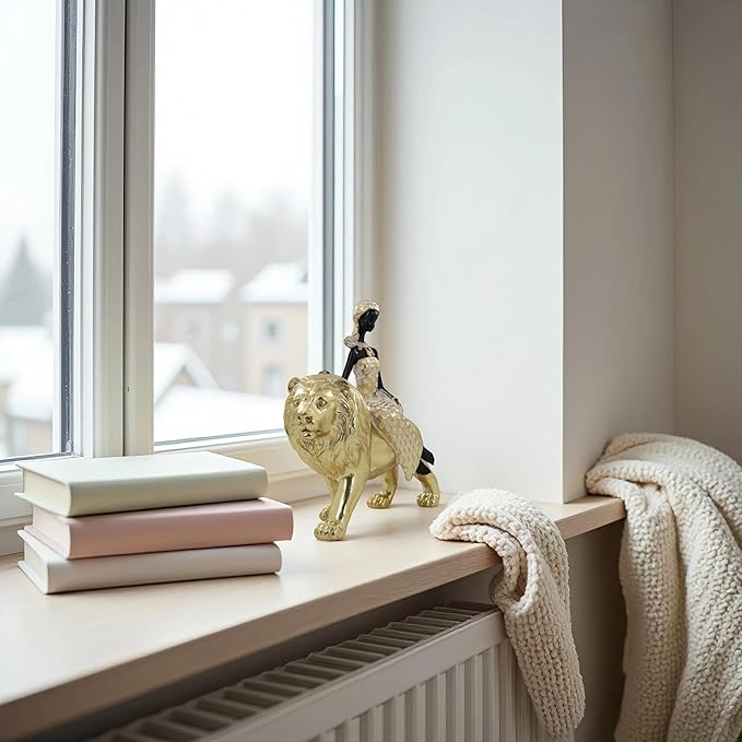 African Woman Riding Lion Statue – Gold Resin Sculpture for Home Decor, African Queen Figurine with Tribal Pattern, Cultural Art Decor for Living Room, Shelf, Office, or Gift