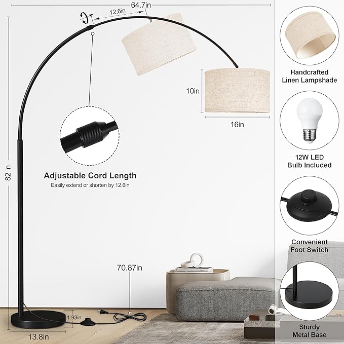 SUNMORY 82" Tall Arc Floor Lamps for Living Room, Large Floor lamp with Length Adjustable, Modern Curved Floor lamp, Corner Lamp for Dining Room, Office, Black