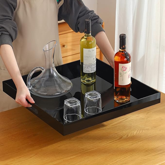 Black Oversize Acrylic Serving Tray with Handles 20x20 Inch -Spill Proof- Decorative Trays Countertop Organizer for Ottoman,Nightstand, Sidetable, Butler (20x20 Inch, Black)