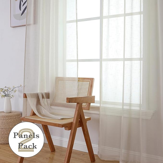 Aiyufeng Natural Sheer Curtains 72 inches Long 2 Panels, Fresh Textured Semi Sheer Natural Linen Breathable Elegant Door Curtains & Drapes for Farmhouse/Living Room/Kitchen, 40Wx72L inch