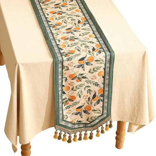 patdrea Designer Vintage Fresh Farmhouse Linen Table Runner 87 Inch Long, Green and Orange Pattern Table Mat, Decor for Kitchen Dining Table Coffee Table Shelf Cabinet Banquet Christmas ,12"*87"