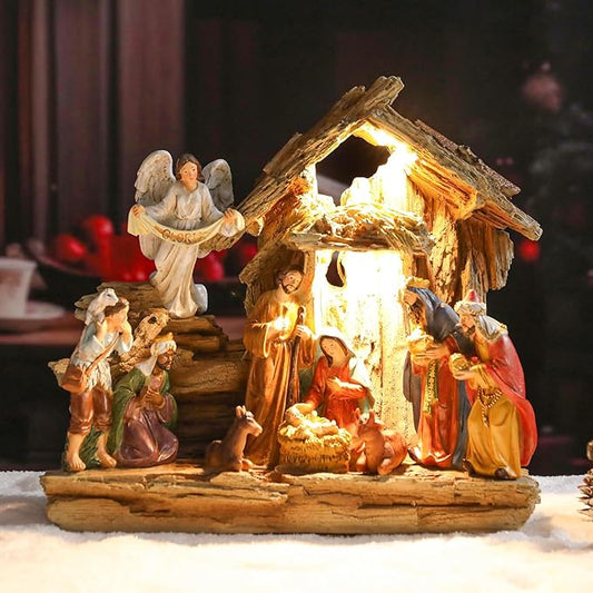 Nativity Sets 9.8 Inch Christmas Village Manger Nativity Scene Indoor Baby Jesus Christmas Decorations Tabletop Scenes Figures Set Christmas Ornaments