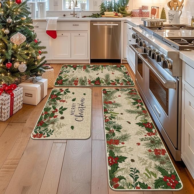 Artoid Mode Leaves Holly Merry Christmas Kitchen Mats Set of 2, Winter Home Decor Low-Profile Kitchen Rugs for Floor - 24"x36"+24"x59"+24"x72"