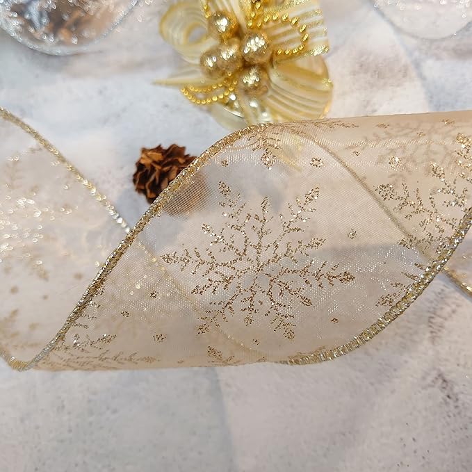 CT CRAFT LLC Organza with Champagne Gold Glitter Snowflakes Wired Ribbon 2.5 inch x 50 Yards for Christmas Home Decor Tree Topper Bow Gift Wrapping DIY Crafts Wreath Garland Wedding