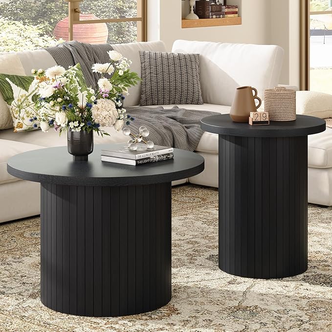 Nesting Coffee Table Set of 2, Mid Century Modern Round Coffee Table, Wood Slat Side Table Set for Living Room, Office, Balcony, Textured Black