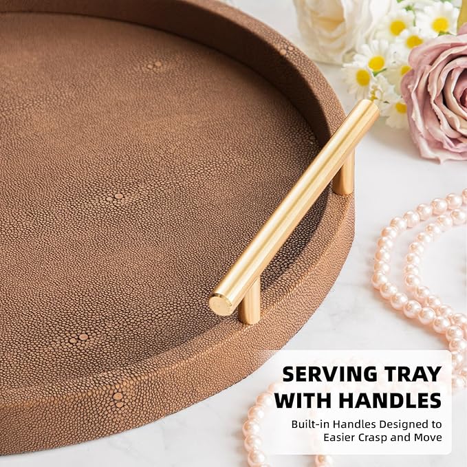 Set of 2 Round Shagreen Serving Tray, Modern Decorative Tray with Gold Polished Metal Handles, Coffee Table Ottoman Trays Perfume Trays Living Room Bathroom Home Decor (Brown)