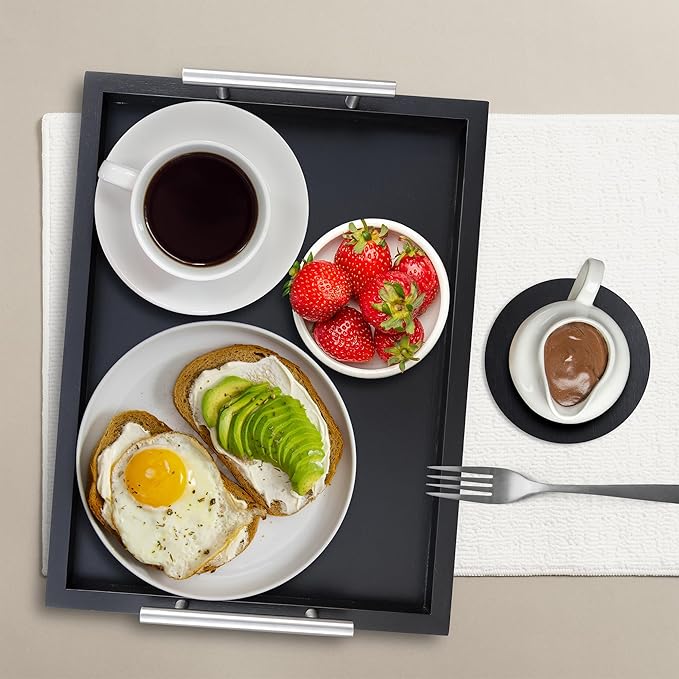 Decorative Ottoman Bamboo Serving Tray (Set of 2) | Black Sleek Metal Handles | 4 Matching Coasters | Coffee Table Decor | Serving Kitchen Platter (Bamboo Black) | for All Occasions