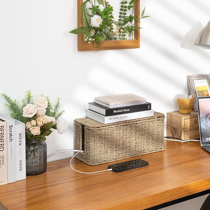 StorageWorks Large Cable Management Box, 2 Slots Wicker Cable Organizer to Hide Cords and Power Strip, Seagrass Cord Hider Box for Home & Office