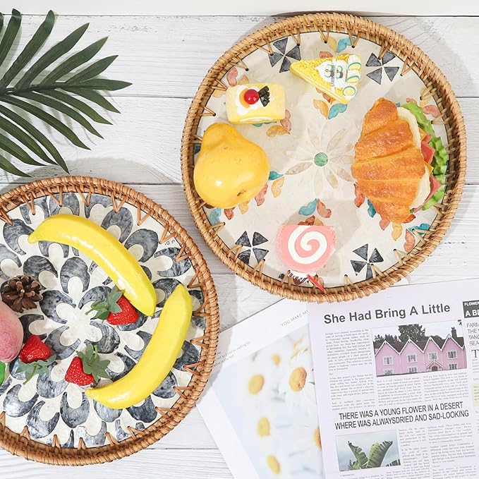 Round Rattan Serving Tray with Mother of Pearl Inlay & Coaster, Boho Wicker Basket, Decorative Coffee Table Tray for Table Decor, Storage and Display of Coffee Bread Fruit (Colored Feather)