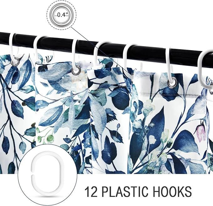 Gibelle Small Stall Shower Curtain 36 x 72, Narrow Blue Floral Shower Curtain for Bathroom, Watercolor Plant Eucalyptus Leaves Fabric Shower Curtain Set with Hooks