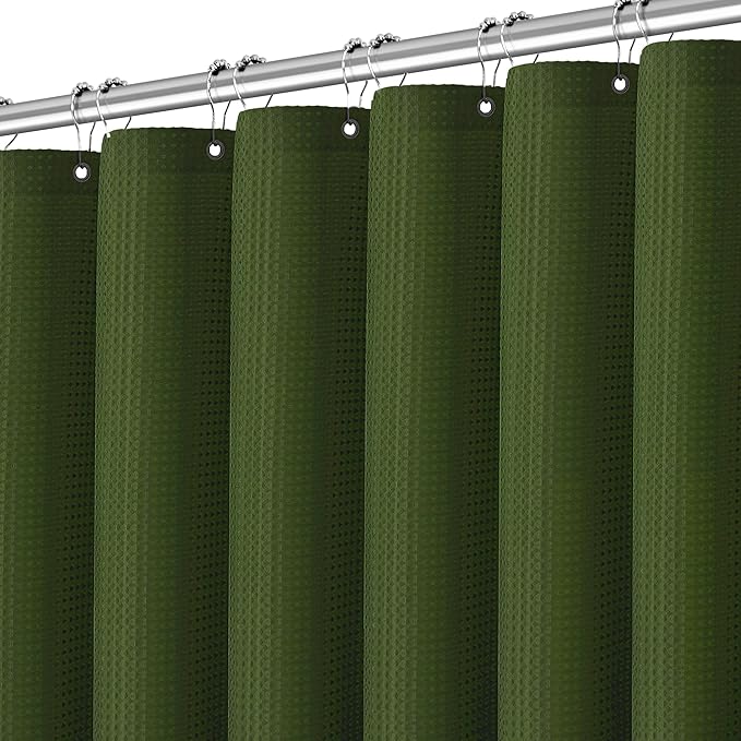 Waterproof Fabric Shower Curtain Extra Long Waffle Weave Heavy Duty Bathroom Shower Curtain Set, 256GSM Weighted Thick Shower Curtain with 12 Rust-Resistant Hooks,72Wx84H Green