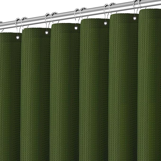 Waterproof Fabric Shower Curtain Extra Long Waffle Weave Heavy Duty Bathroom Shower Curtain Set, 256GSM Weighted Thick Shower Curtain with 12 Rust-Resistant Hooks,72Wx84H Green
