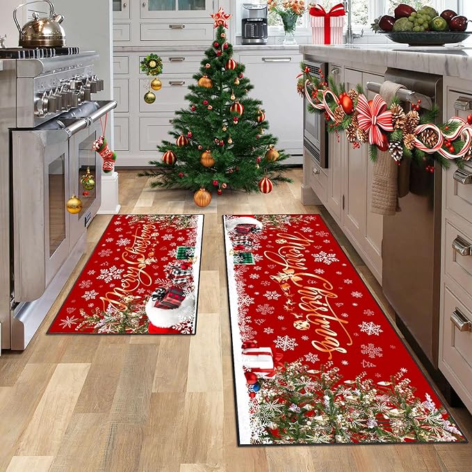 ACZHHZC Merry Christmas Kitchen Rugs and Mats Set of 2, Winter Snowflake Xmas Tree Holiday Home Kitchen Decor Floor Mats, Washable Non-Slip Sink Carpet (Christma 3, 17"x47"+17"x30")