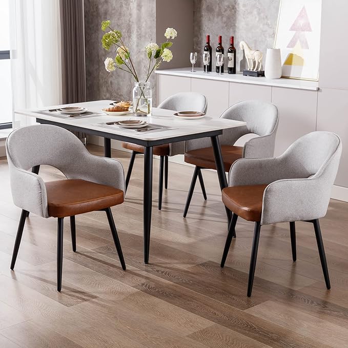 DUOMAY Modern Swivel Dining Chairs Set of 6, Linen & Faux Leather Upholstered Accent Side Chair, Home Office Desk Chair with No Wheels for Dining Room Living Room Office, Light Grey