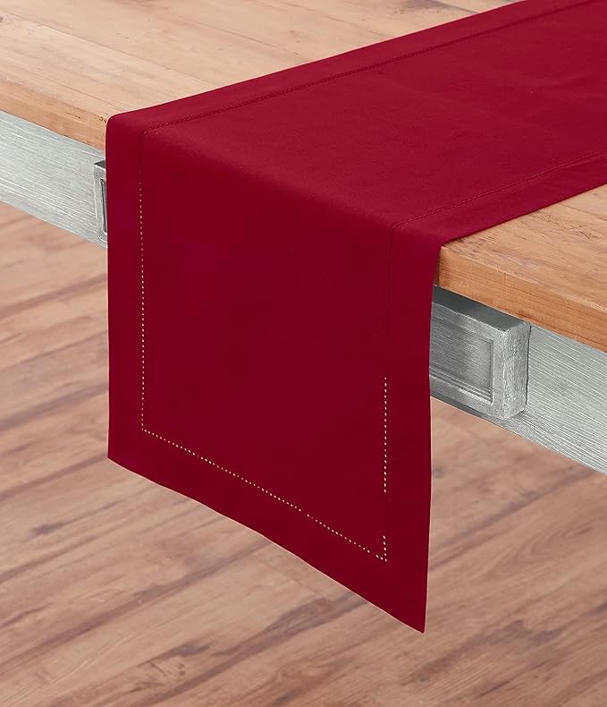 Solino Home Cotton Linen Red Table Runner 72 Inches Long - Hemstitch Table Runner 14 x 72 Inch for Dresser, Dining and Christmas, Holiday