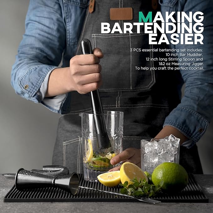 Homestia 3Pcs Black Muddler & Mixing Tools Set, 10'' Muddler, 12'' Cocktail Spoon and Double Jigger, Bar Tool Set for Beverages, Bar Accessories Tools for Mojitos Fruit Drinks (Black)